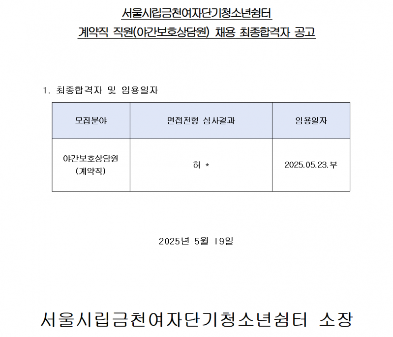 계약직 직원(야간보호상담원) 채용 최종합격자 공고.png